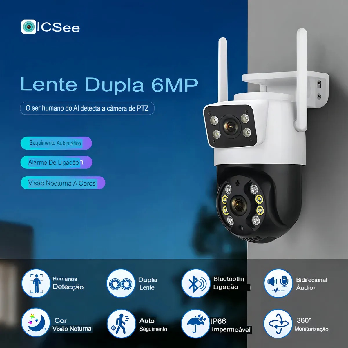 Camera Segurança Ip A31 App Icsee Prova D'agua Lente Dupla 6mp Cor Preto/branco